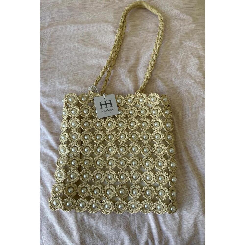 NWT Viral Haute Hippie Handwoven Raffia Crochet Pearl Bag - Picture 2 of 4